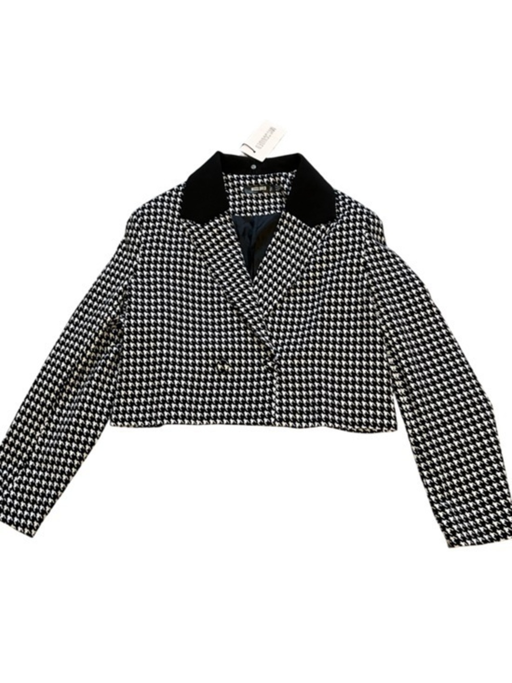 Missguided Black & White Cropped Houndstooth Blazer Jacket with Black Collar